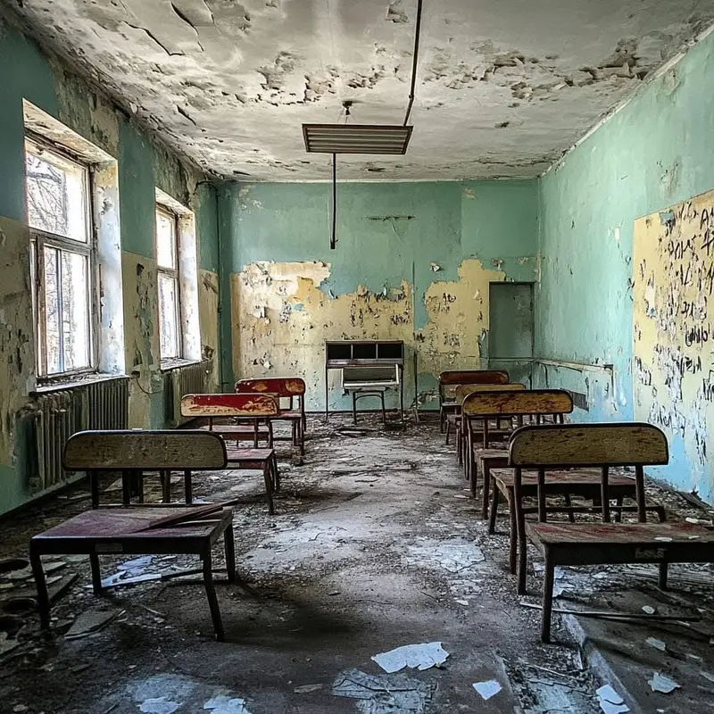 Abandoned Classroom With Desks