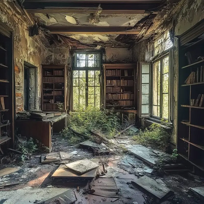 Abandoned Library With Overgrowth