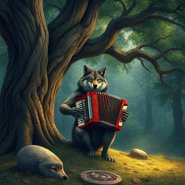 Accordion-playing Wolf In Forest