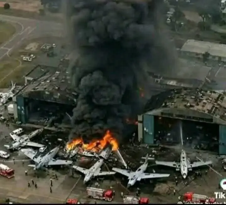 Airfield Fire With Burning Airplanes