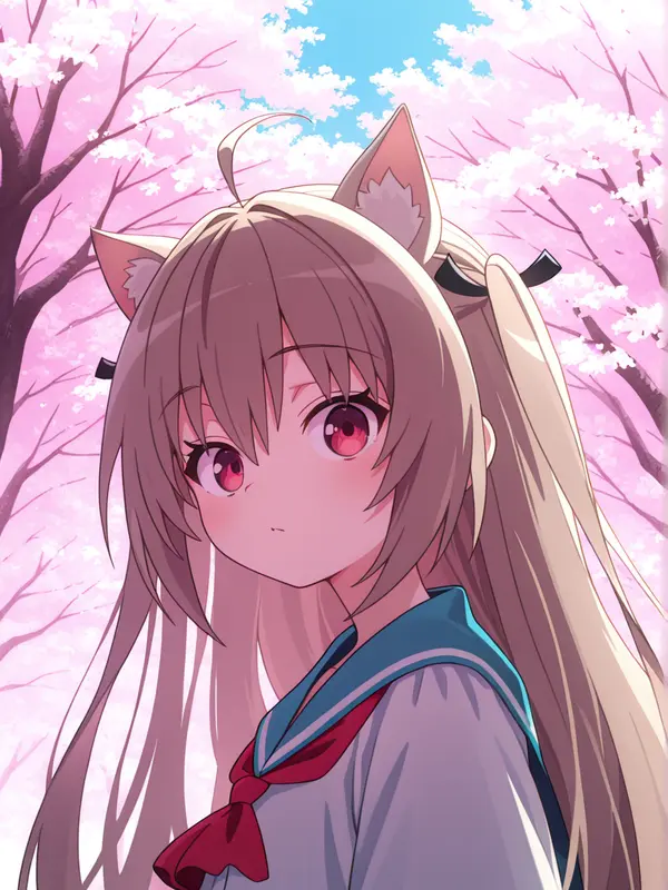 Anime Catgirl Under Blossoms