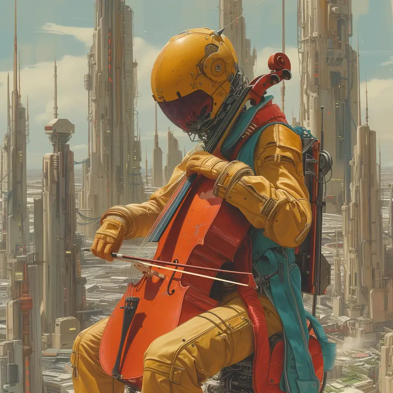 Astronaut Playing Cello Urban Skyline