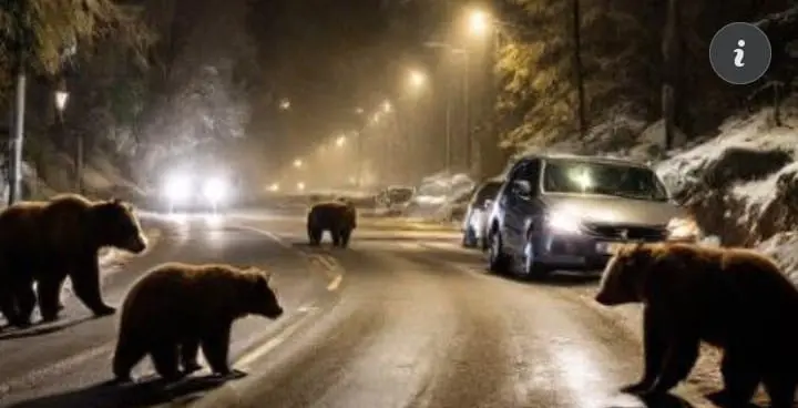 Bears Crossing Road At Night