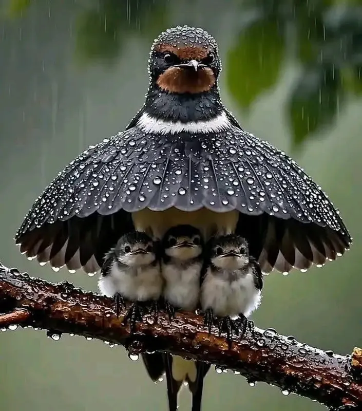 Bird Protects Chicks From Rain
