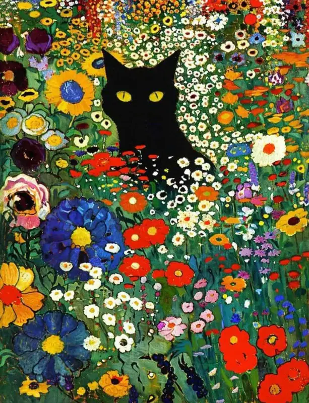Black Cat In Floral Field