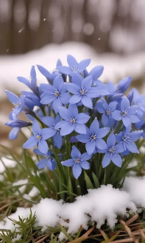 Blue Flowers In Snow Contrast
