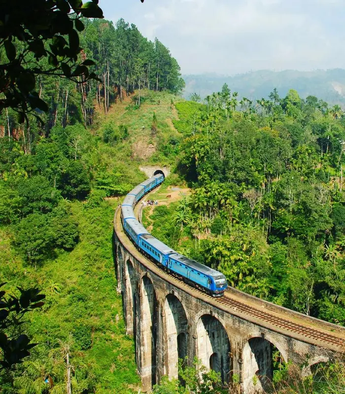 Blue Train On Stone Viaduct