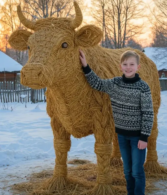 Boy And Straw Cow Sculpture