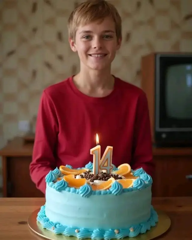 Boy With 14th Birthday Cake