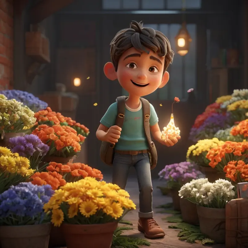 Cartoon Boy In Flower Shop