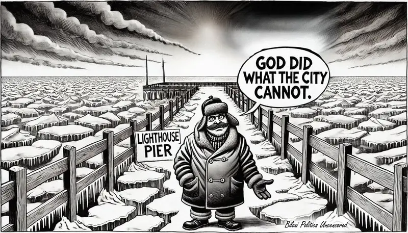 Cartoon On Snow-covered Pier