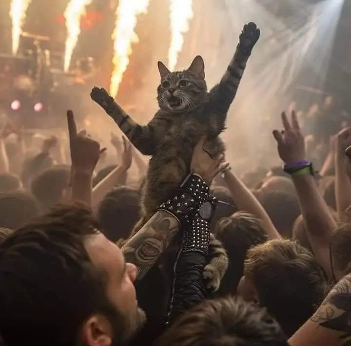 Cat At Concert With Fireworks