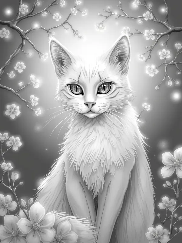 Cat, Blossoms, Monochrome, Serene, AI