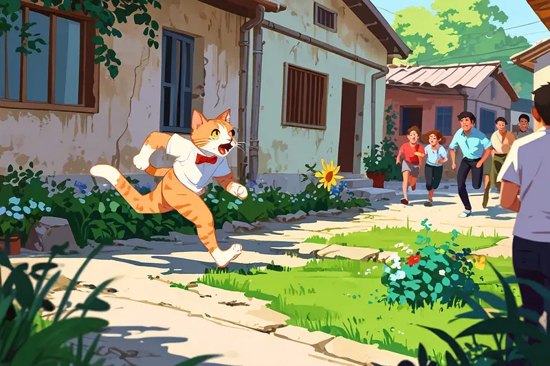 Cat Chased By Villagers Illustration