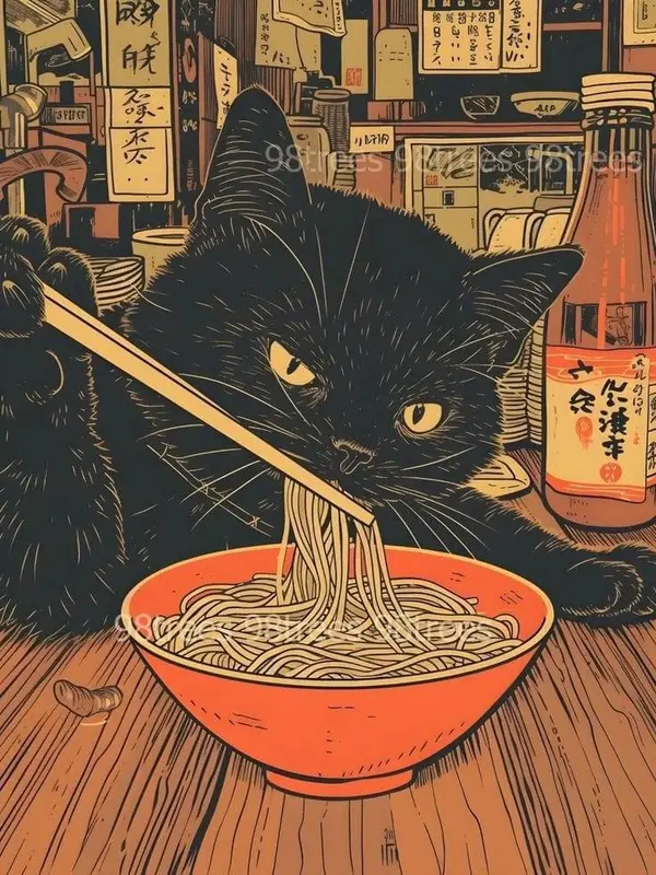 Cat Eating Noodles Illustration