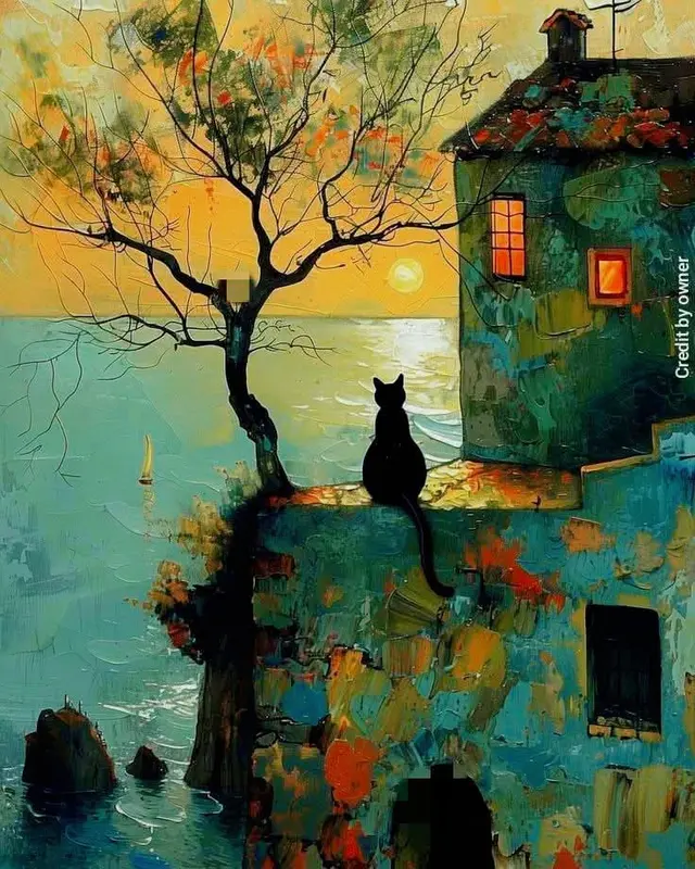 Cat, House, And Sunset