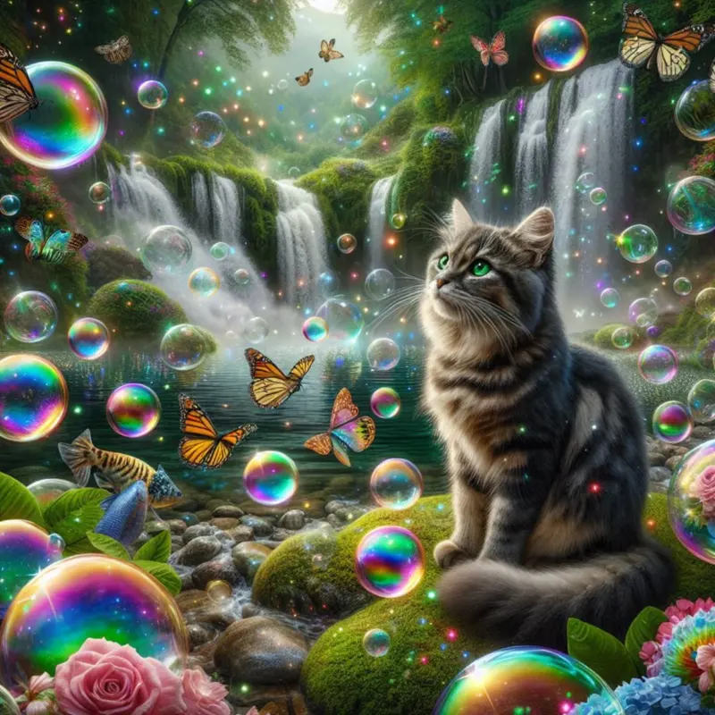 Cat In Magical Waterfall Scene