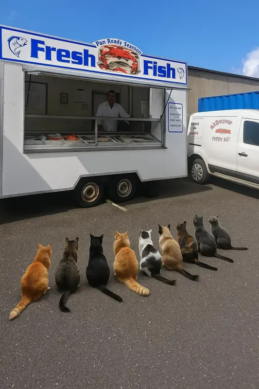 Cats Queueing At Fish Stall