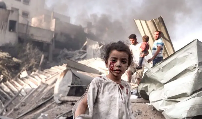 Child Amidst Rubble Aftermath