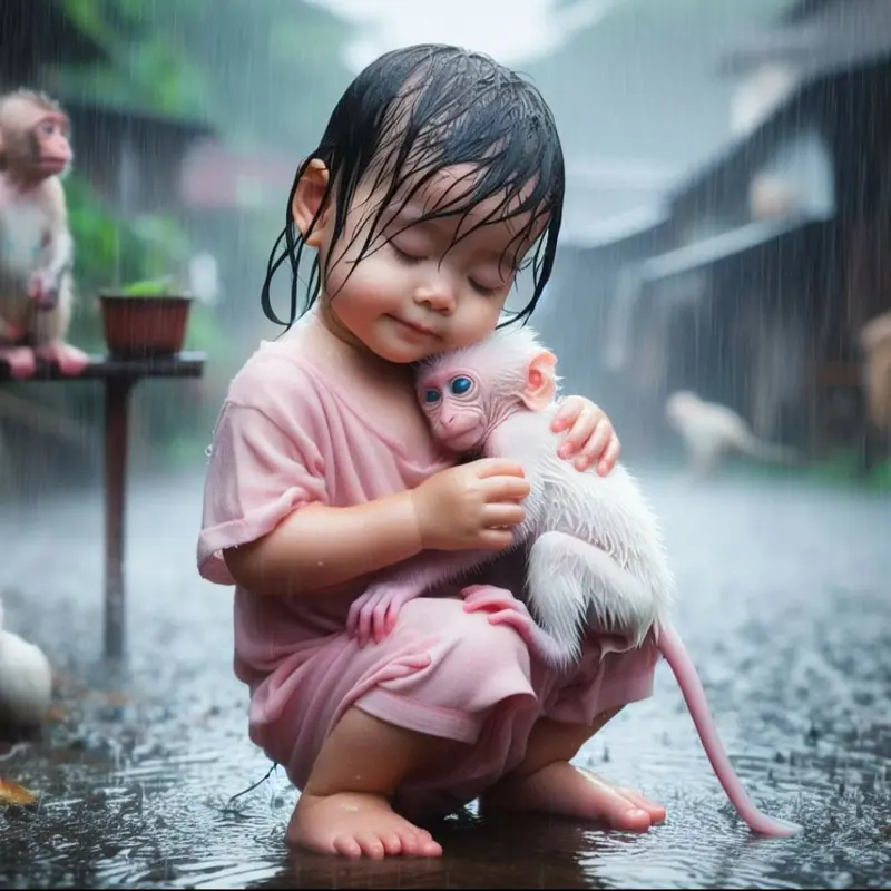Child Embracing Monkey In Rain