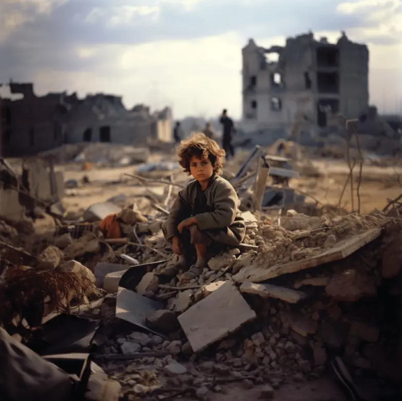 Child In Desolate Rubble Environment