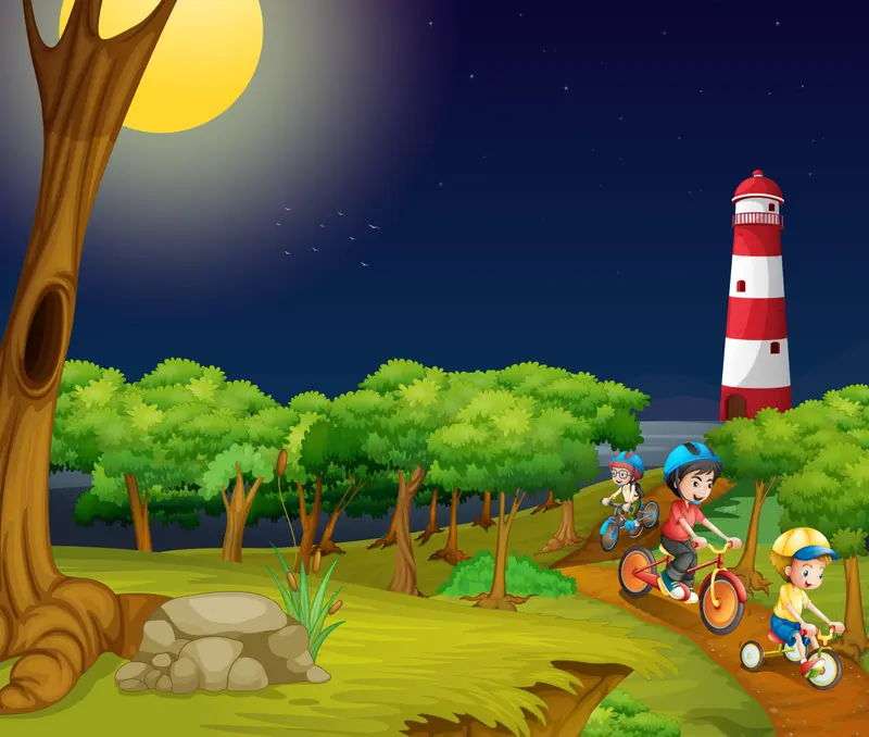 Children Cycling By Lighthouse