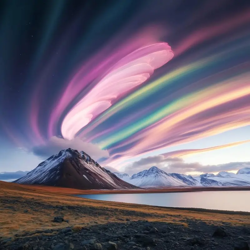 Colorful Aurora Over Mountain Lake