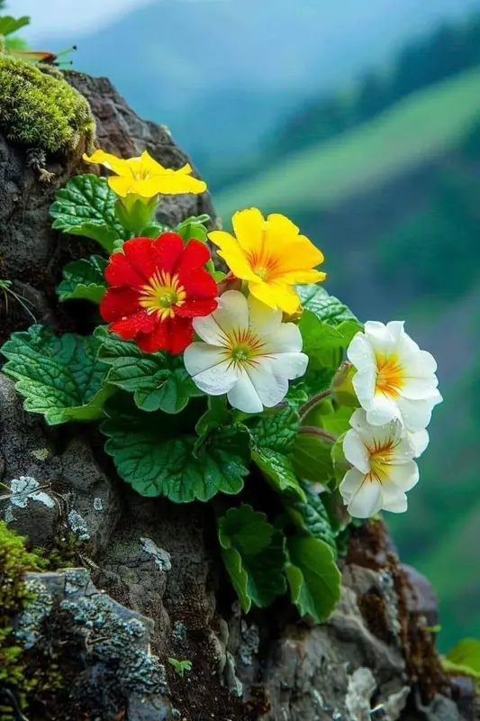 Colorful Flowers On Mossy Rock