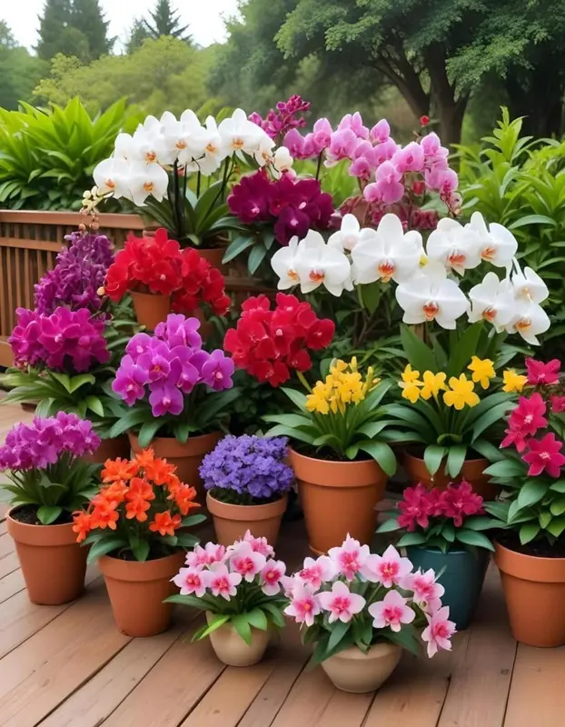Colorful Orchid Pots On Deck