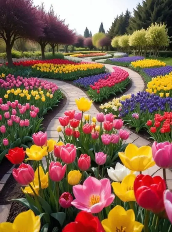 Colorful Tulip Garden Pathways