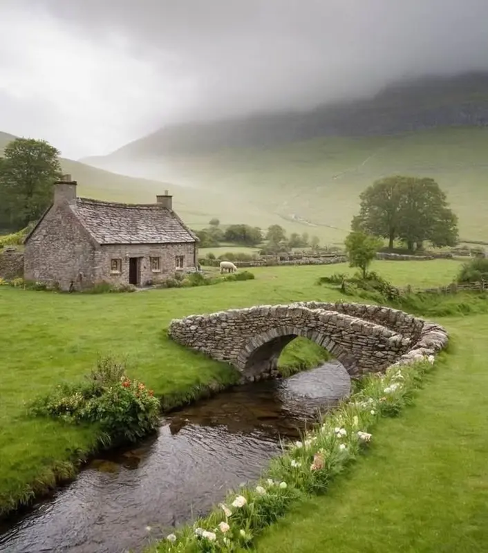 Cottage, Bridge, Stream, Mountains