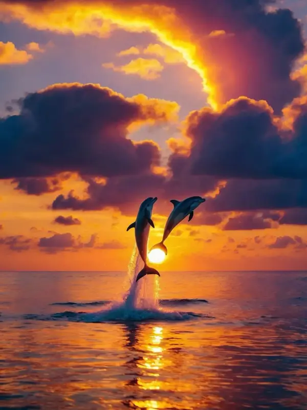 Dolphins Jumping At Sunset