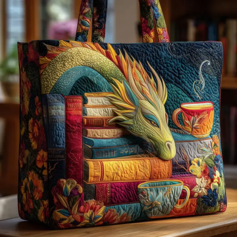 Dragon and Book Quilted Tote