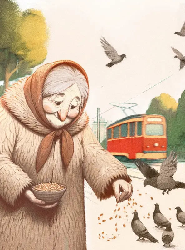 Elderly Feeding Pigeons Illustration