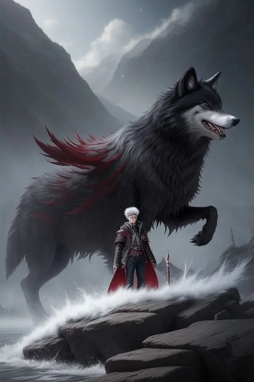 Fantasy Hero With Giant Wolf