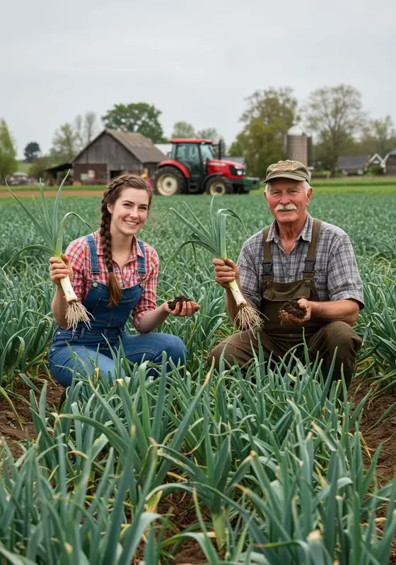 Farmers With Leeks In Field