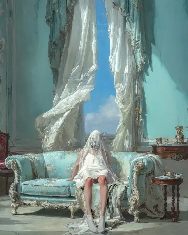 Figure On Turquoise Sofa, Curtains