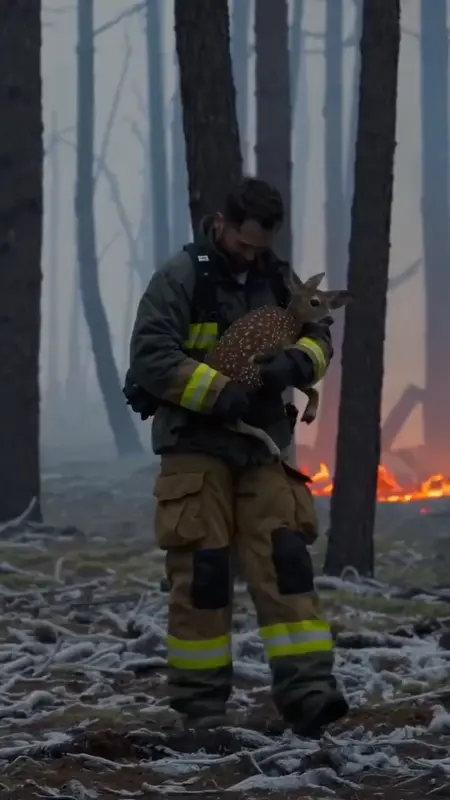 Firefighter Carrying Fawn Rescue