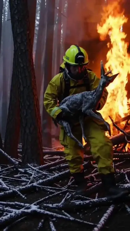 Firefighter Rescues Fawn AI-generated