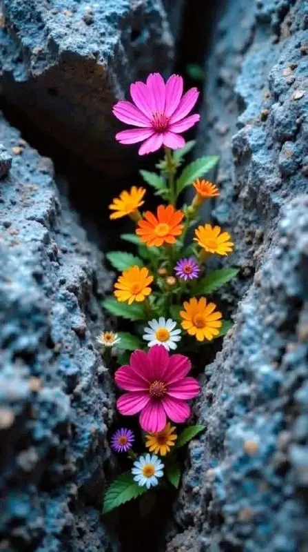 Flowers Through Rock Crevice
