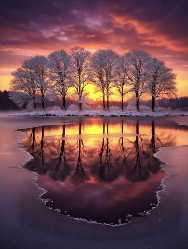 Frosted Trees Sunset Reflection