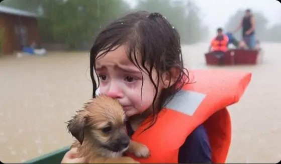 Girl Rescuing Puppy In Flood
