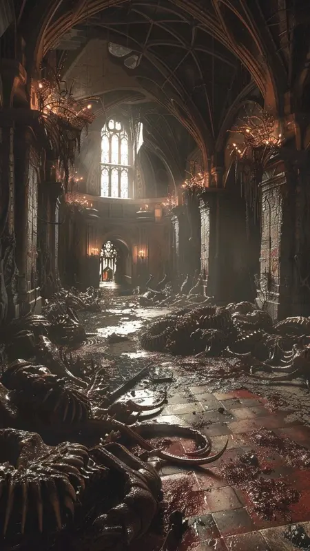 Gothic Hallway With Skeletons