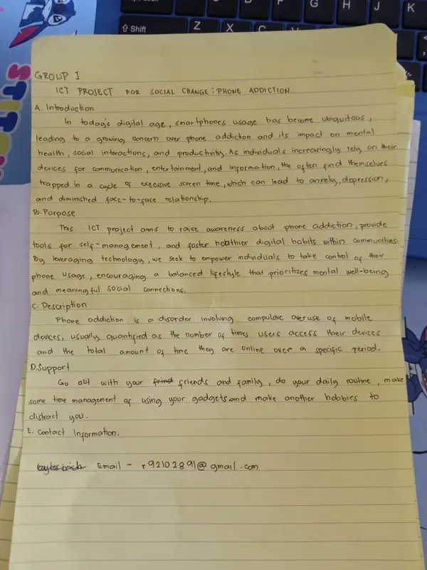 Handwritten Phone Addiction Project Proposal