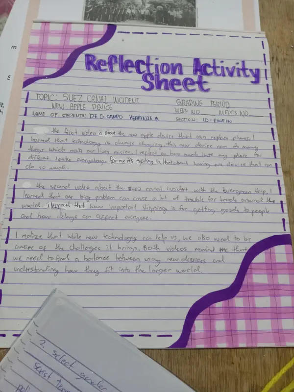 Handwritten Reflection Activity Sheet