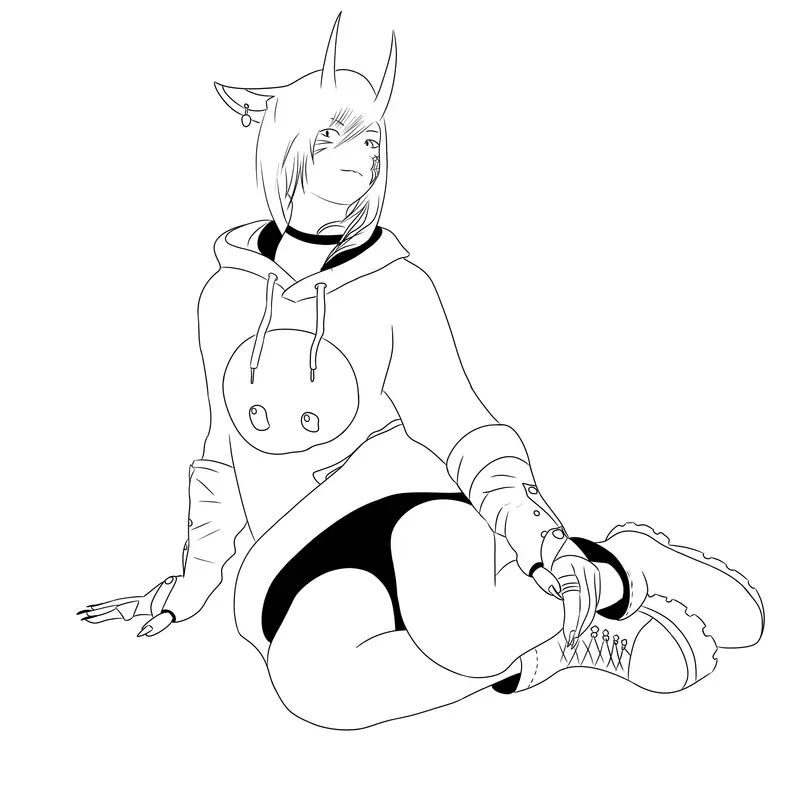 Horned Character Sitting Line Art