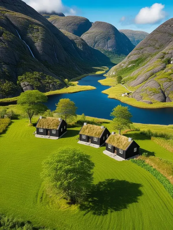 Houses, Lake, Mountains, Landscape, AI