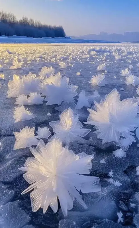 Ice Crystal Flowers On Frozen Lake