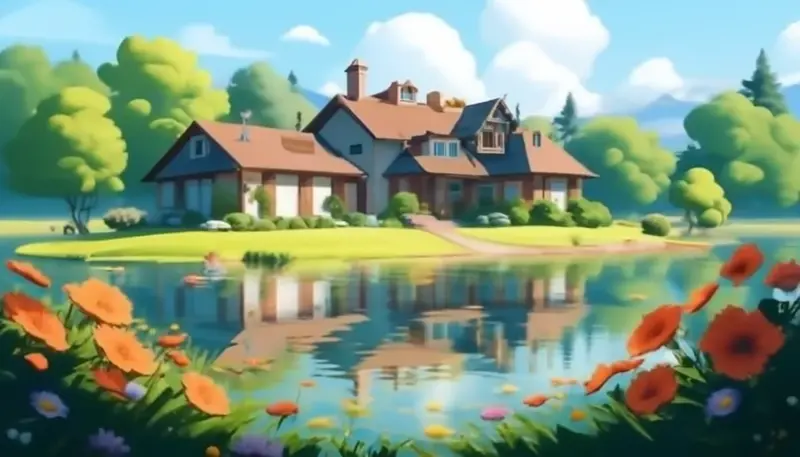 Idyllic House And Lake Scene