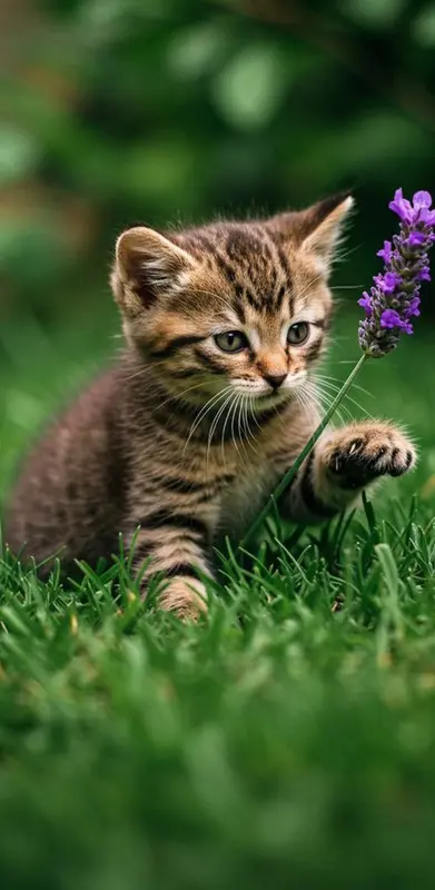 Kitten Playing With Lavender